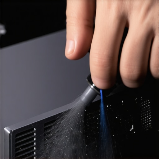 Technician cleaning dust from a laptop's vents with compressed air