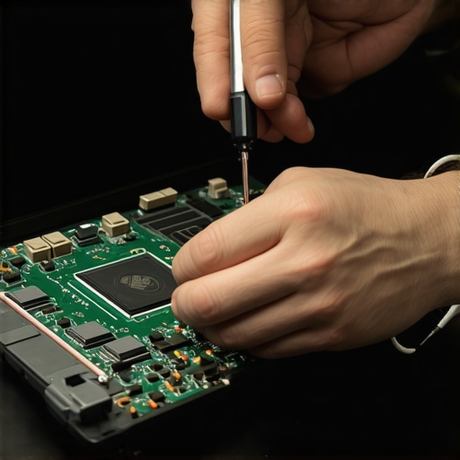 Technician repairing a laptop motherboard with specialized tools and magnification.