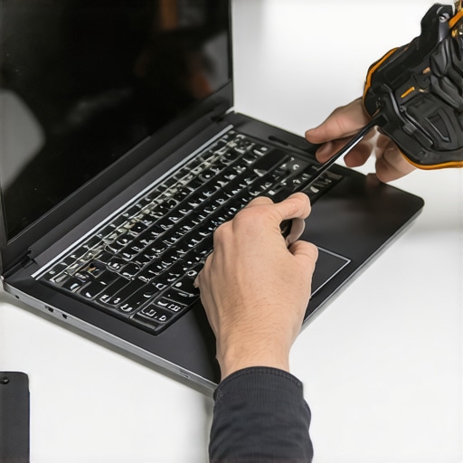 Technician performing hardware diagnostics on a laptop, highlighting essential maintenance tools.