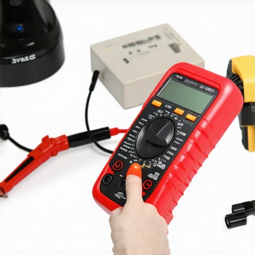 Technician testing hardware with multimeter and diagnostic tools in a repair shop