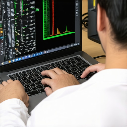 Technician performing hardware diagnostics on a computer motherboard with monitoring tools.