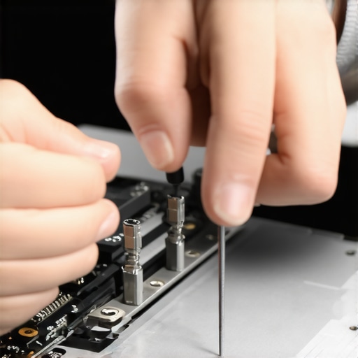 A technician carefully repairing a laptop hinge with precision tools on a clean workspace