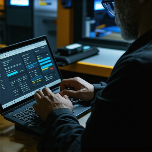 Technician analyzing a laptop screen with specialized diagnostic equipment
