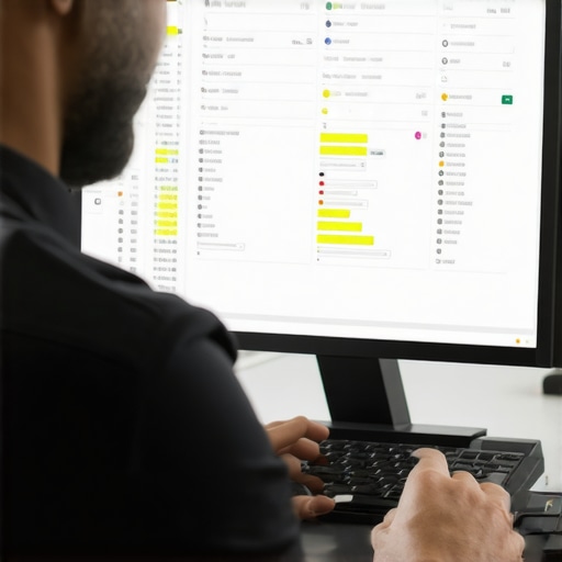 IT technician analyzing user account logs on a computer monitor.