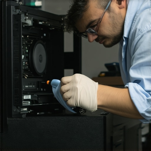 Technician cleaning dust from inside a computer case to reduce noise