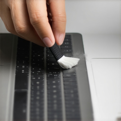 Person using compressed air and a brush to clean a laptop keyboard