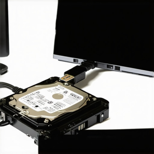 Technician connecting a SATA drive to a laptop with an adapter for data rescue