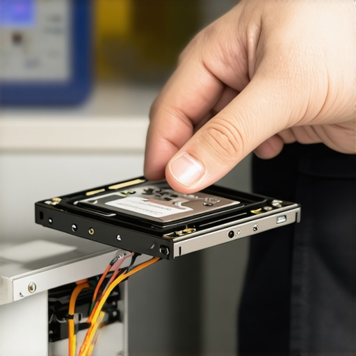 Technician testing SSD drive in a laboratory setting with specialized tools.