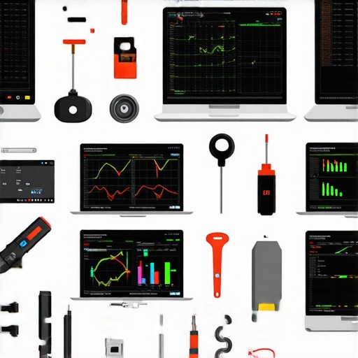Collection of professional repair tools and software dashboards for laptop maintenance.