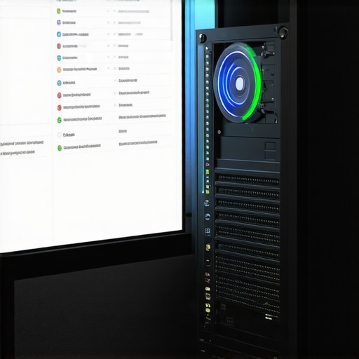 A computer workstation with diagnostic software, backup storage, and monitoring interfaces.