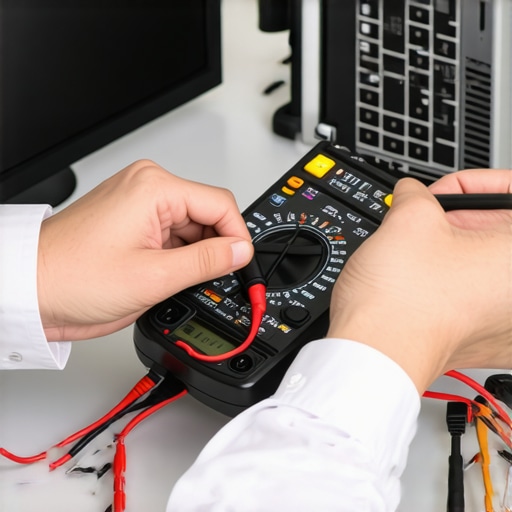 Technician testing laptop power supply with a multimeter and diagnostic tools.