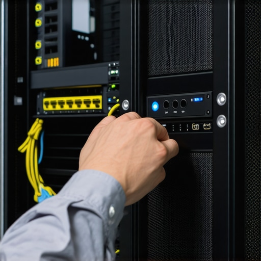 Technician connecting a network firewall device in an office setting