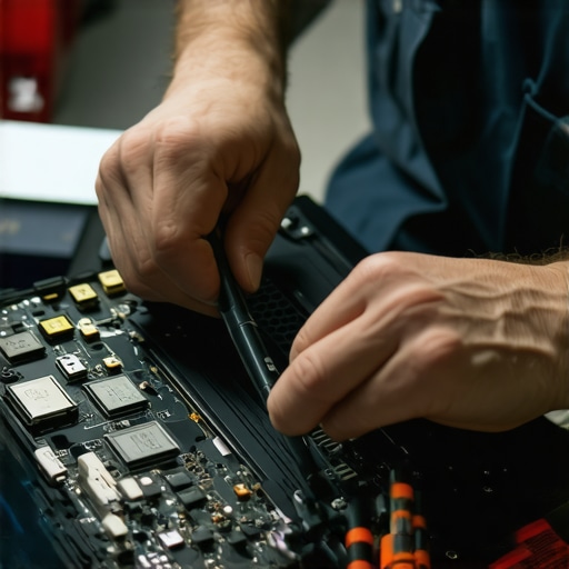 Hardware Maintenance Setup Technician inspecting laptop internals with diagnostic tools for maintenance.