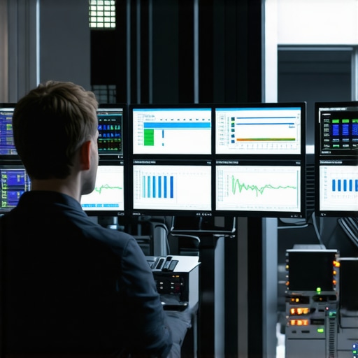 IT System Maintenance in Action Technician analyzing network data on multiple monitors in a data center