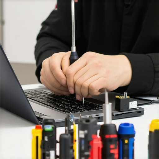 Laptop Maintenance Tools in Action Close-up of technician repairing laptop with quality tools