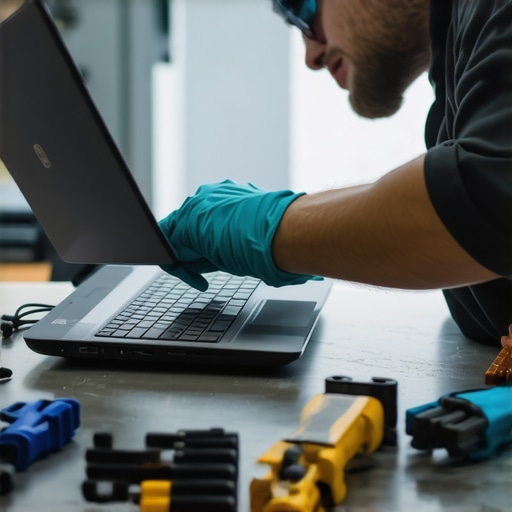 Technician carefully cleaning laptop components with brushes and compressed air
