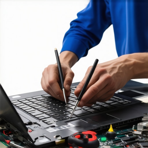 Technician replacing or repairing a laptop screen with tools and new display components.