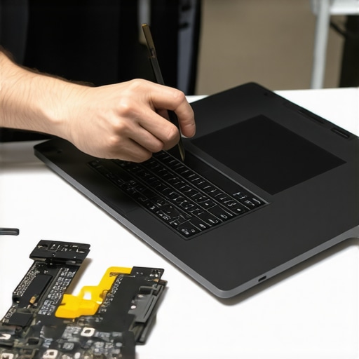 Technician installing a new laptop screen using precision tools.