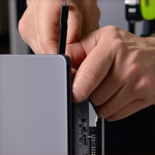 Person repairing a laptop hinge with precision tools