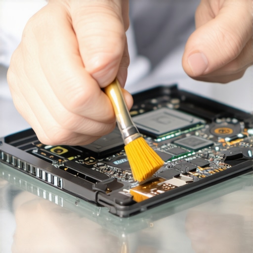Technician cleaning laptop motherboard with isopropyl alcohol and brush.