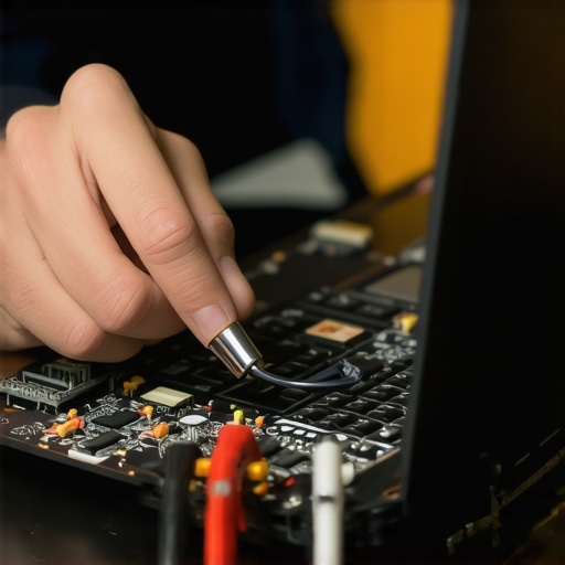 Technician testing voltage regulator on a laptop motherboard with a multimeter.