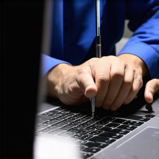 Laptop repair process showing screen replacement Technician replacing a laptop screen with precision tools