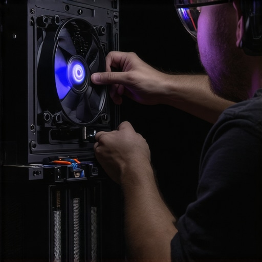 Technician fixing a liquid cooling loop in a gaming PC, focusing on fittings and tubing