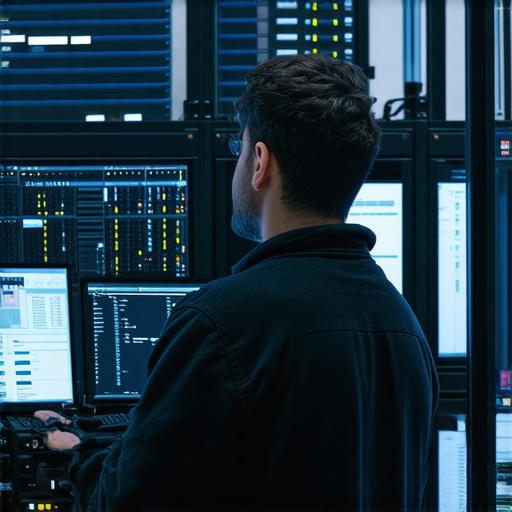 Modern IT Maintenance Tools in Action IT technician using network management software for system health monitoring