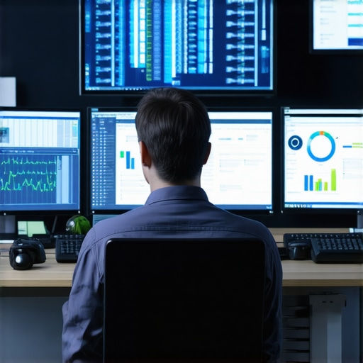 Monitoring Business Systems for Optimal Performance Technician analyzing network performance dashboards on multiple screens.