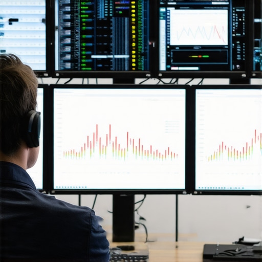 IT technician analyzing system performance graphs on screens.