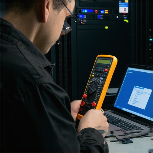 Technician performing hardware diagnostics with multimeter and monitoring software