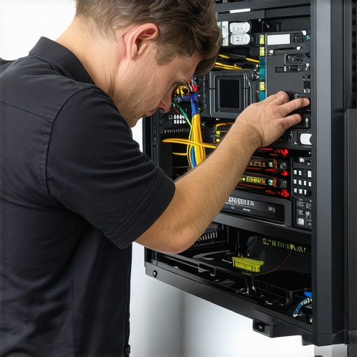 Technician inspecting computer hardware using diagnostic tools for preventive maintenance.
