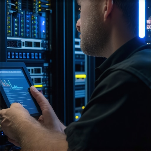 Technician inspecting servers with diagnostic tools to ensure system health.