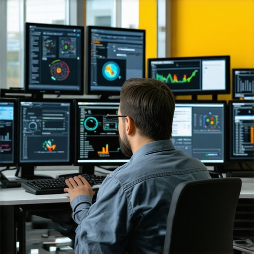 Proactive IT System Monitoring IT technician overseeing system health dashboards for proactive maintenance.