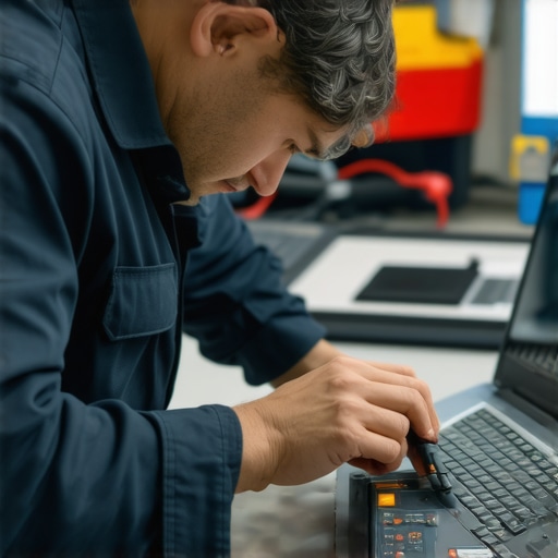 Technician conducting hardware diagnostics using a multimeter and laptop in a repair shop.