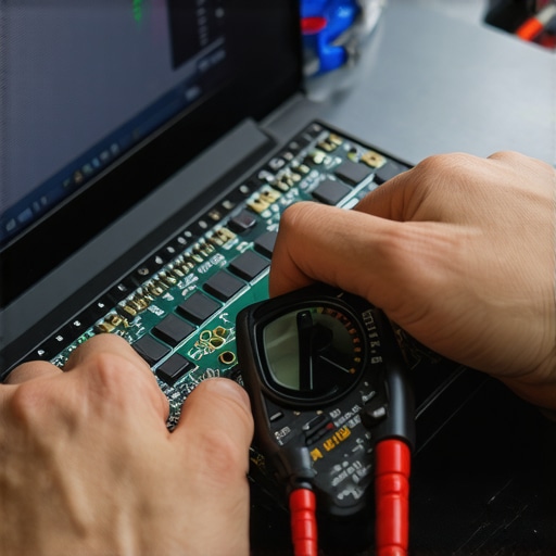 Technician testing laptop circuitry with a multimeter in repair workshop.