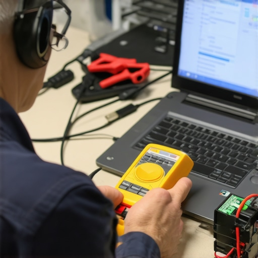 Professional Laptop Repair Tools in Action Technician using multimeter and diagnostic software on a laptop for maintenance