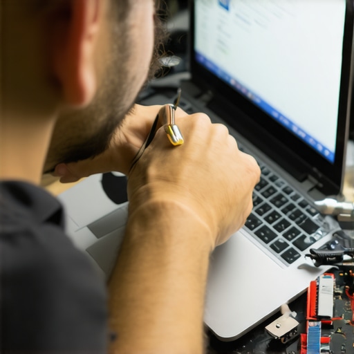 Technician carefully repairing a laptop screen with fine tools to fix dead pixels.