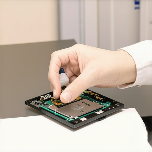 Technician in a sterile cleanroom opening an SSD drive for data recovery.