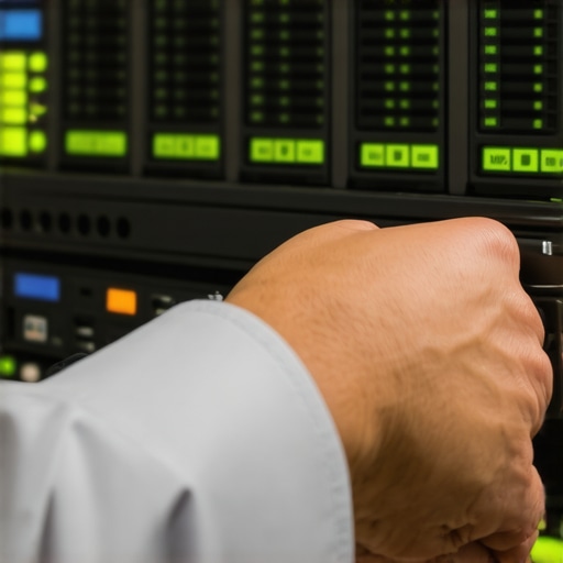Technician inspecting server hardware with diagnostic software on screen.