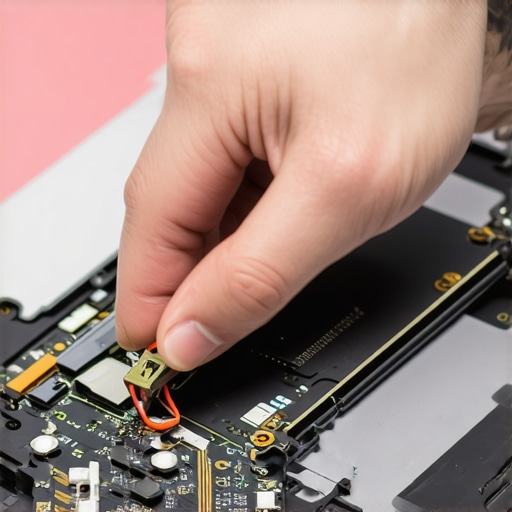 Technician reconnecting internal display cable in a sleek laptop for fixing horizontal lines.