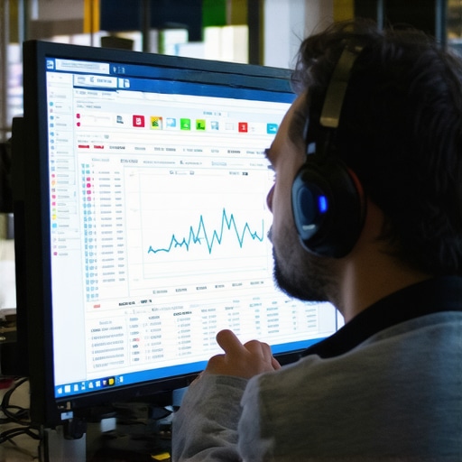 Technician monitoring hardware health via diagnostic software on a desktop monitor