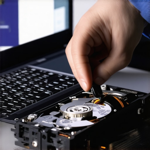 Technician checking SMART data from a laptop's hard drive with diagnostic tools