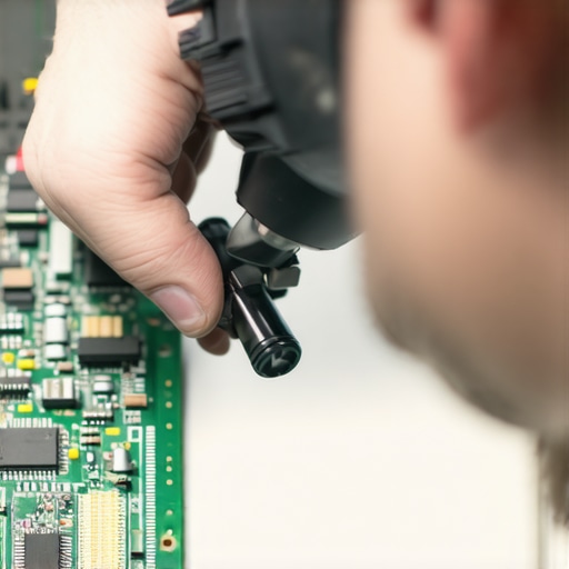 Technician inspecting circuit boards with magnification tools for subtle hardware issues.