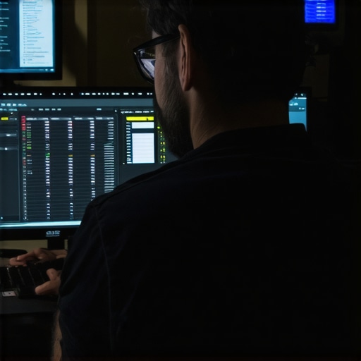 Network administrator reviewing firewall logs with security dashboard
