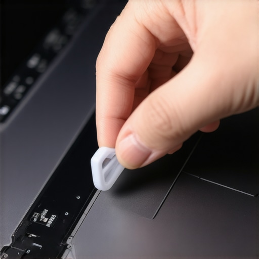 Person carefully prying laptop bezel with plastic tool to avoid cracks during repair process