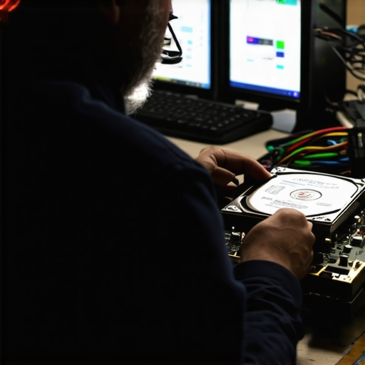Technician analyzing a computer's hard drive using specialized tools in a repair shop.