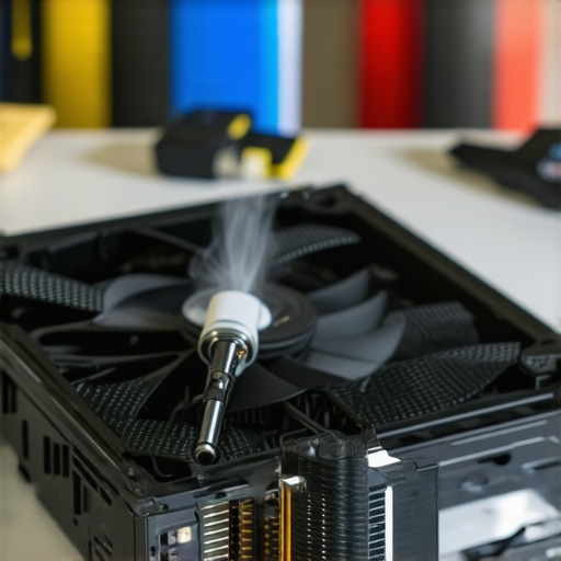 Technician using compressed air to clean a laptop fan inside an open laptop