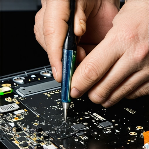 Technician carefully cleaning laptop internals with precision tools