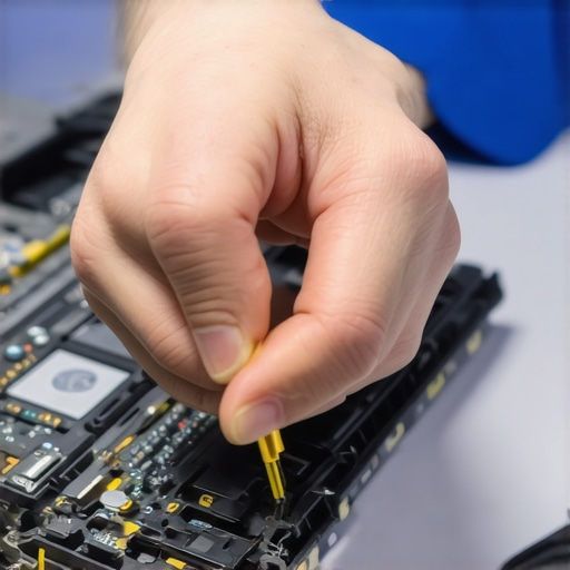 Laptop Screen Repair Process Technician carefully reconnecting the display cable inside a laptop during repair